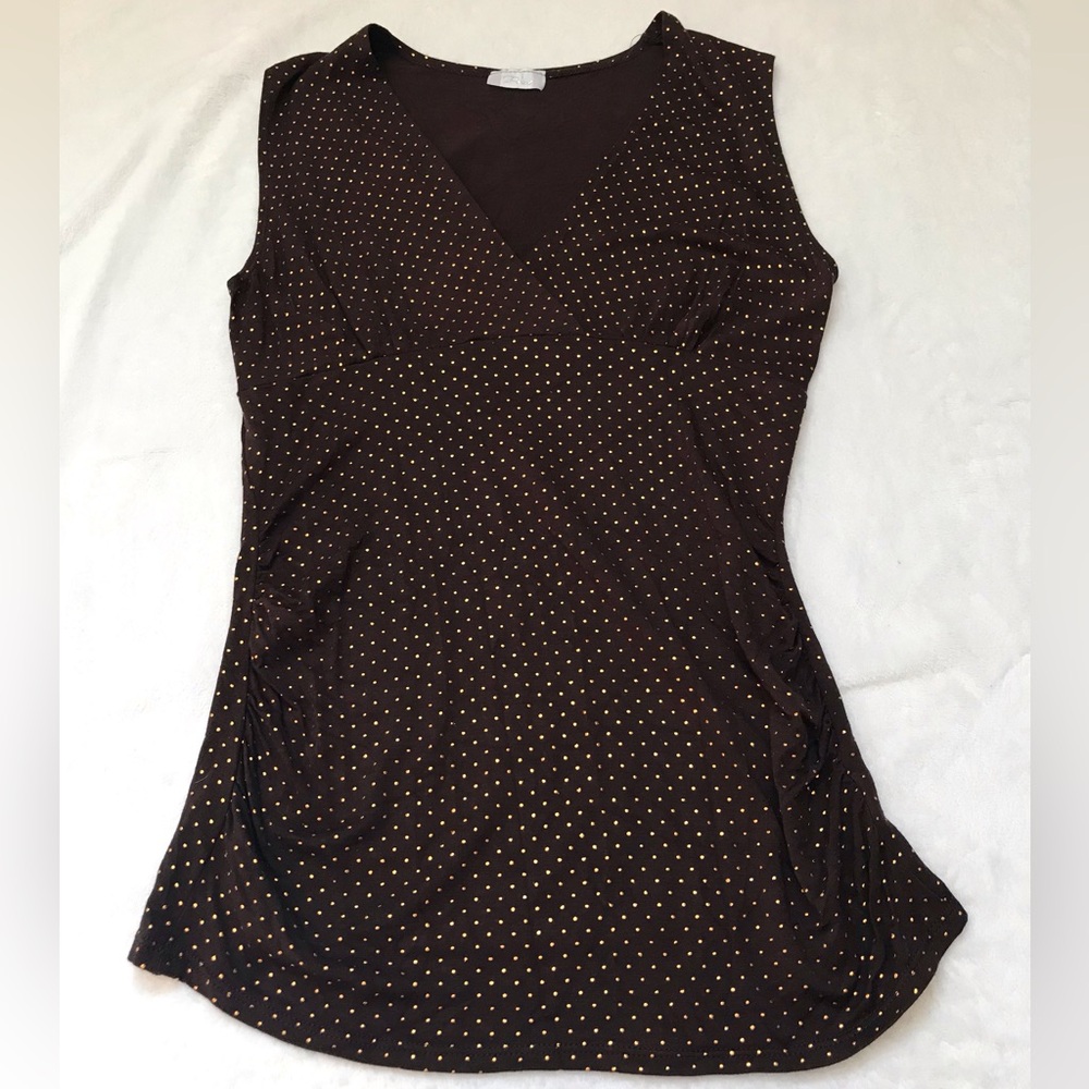 Women's VTG Poet Sleeveless Babydoll Top Chocolate Brown Gold Polka Dot M Y2K